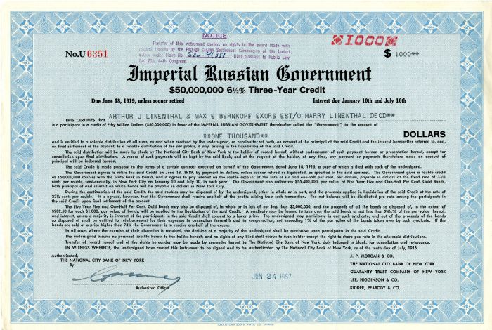 Imperial Russian Government - 1957 dated $1,000 Russia Bond