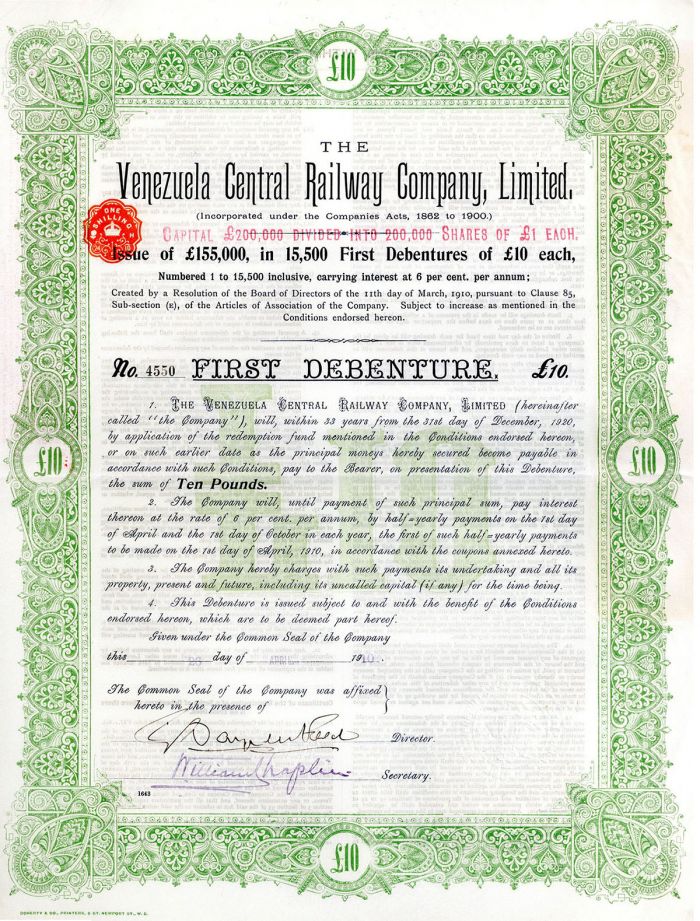 Venezuela Central Railway Co. - £10 Bond