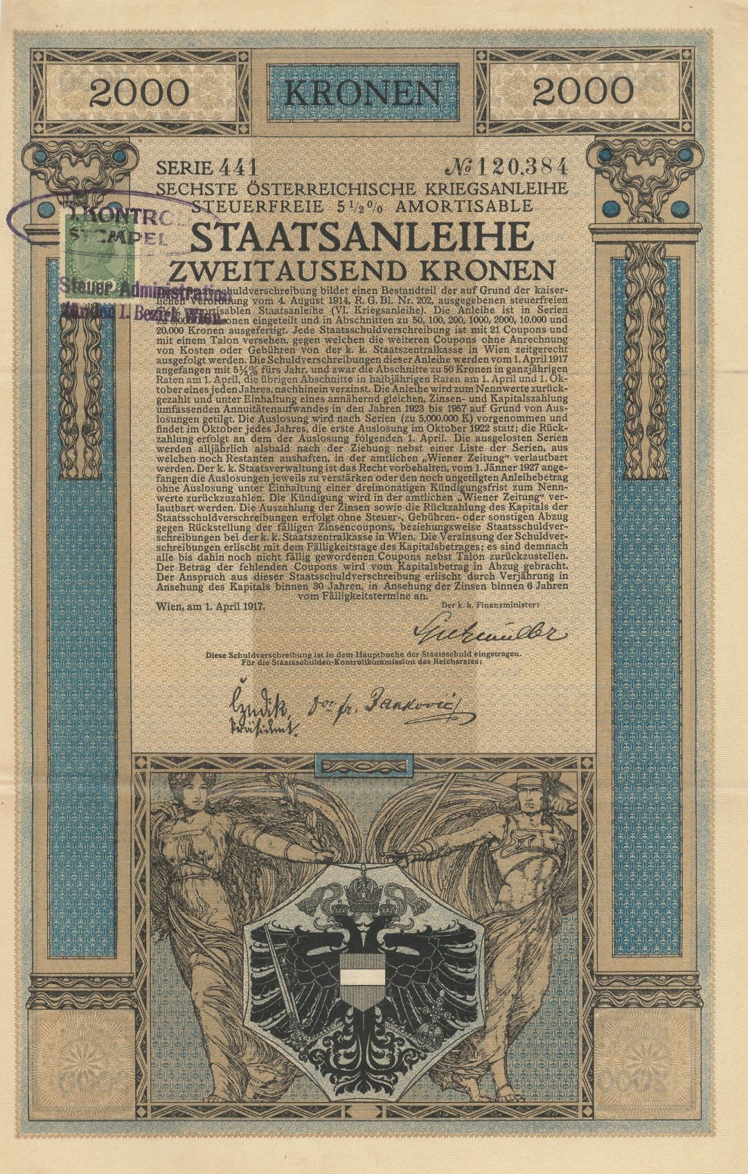 Austria - 1917 dated 2,000 Austrian Government Kronen Bond