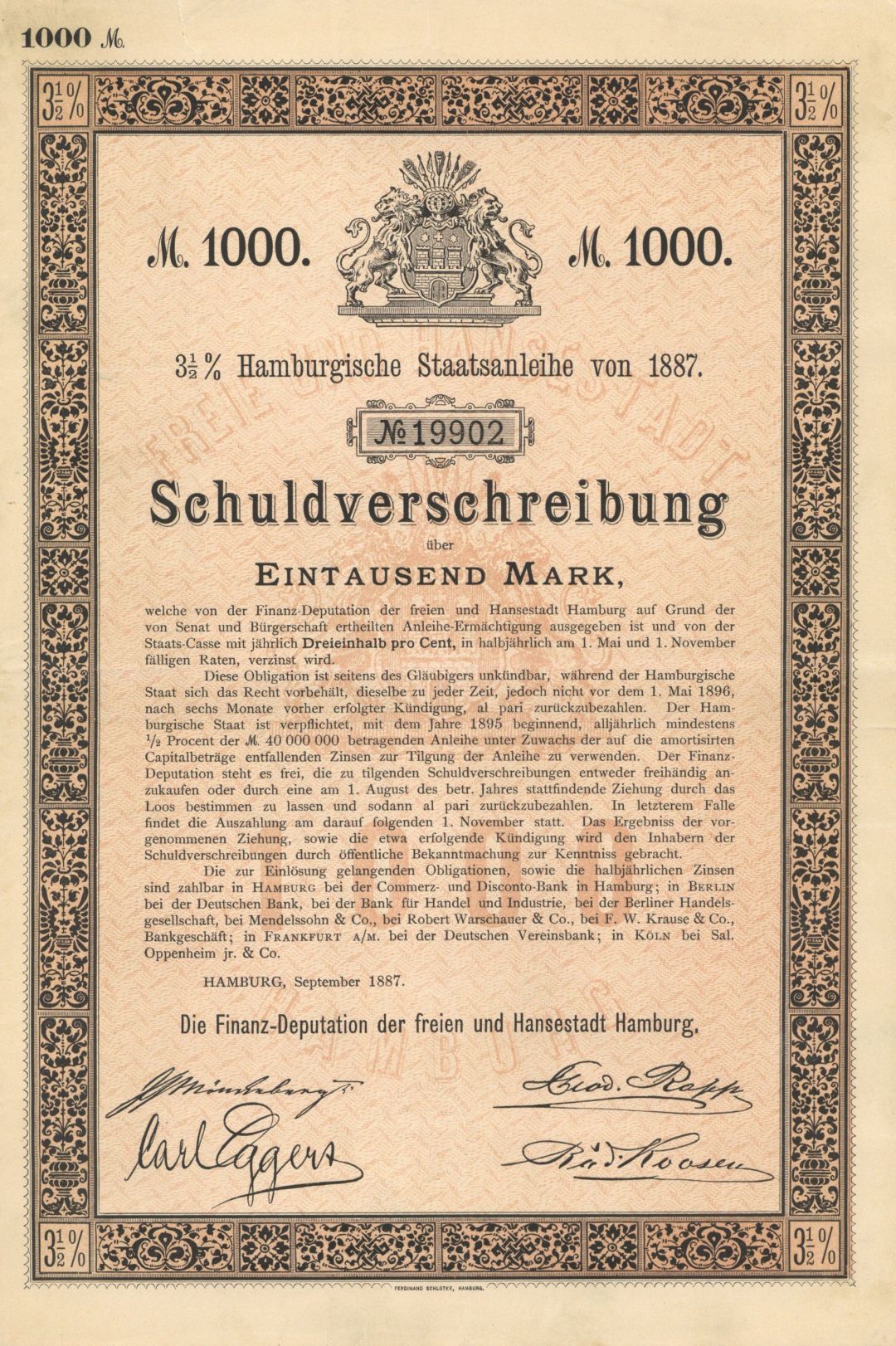 Germany - 1887 dated 1,000 German Mark Bond - Hamburg, Germany
