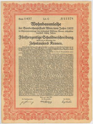 Germany/Austria - 1922 dated 10,000 Kronen Bond - City of Vienna, Austria