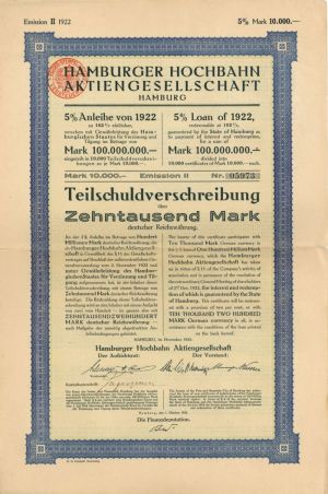 Hamburger Hochbahn - 1922 dated 10,000 German Marks Bond (Uncanceled) - Hamburg, Germany