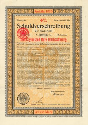 Schuldverschreibung der Stadt Koln - 1920 dated 20,000 German Marks Bond (Uncanceled) - Cologne, Germany