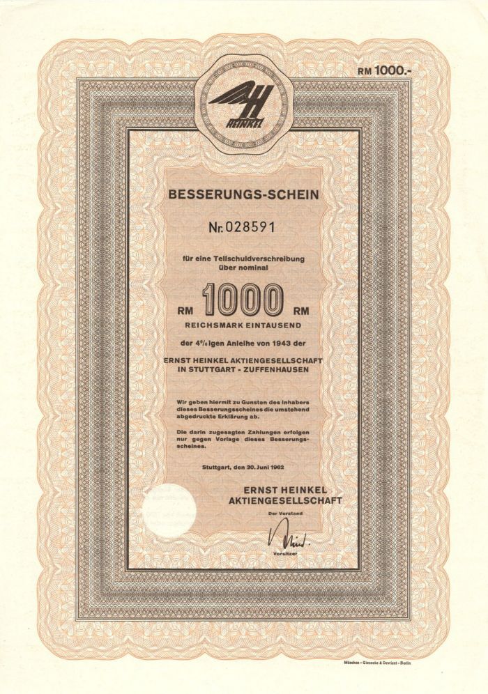 Besserungs-Schein - 1,000 Reichsmark Bond