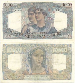 France - 1,000 French Francs - P-130a - 1945 dated France Foreign Paper Money