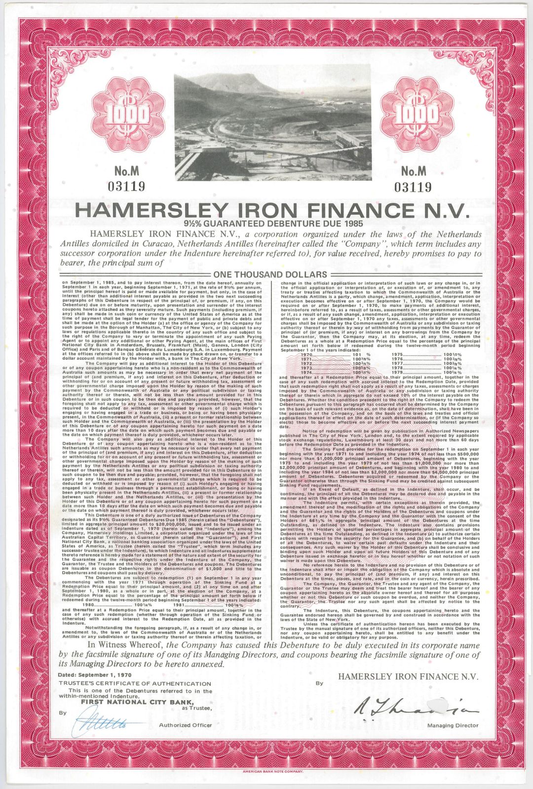 Hamersley Iron Finance N.V. - 1970 dated $1,000 Bond - Netherlands