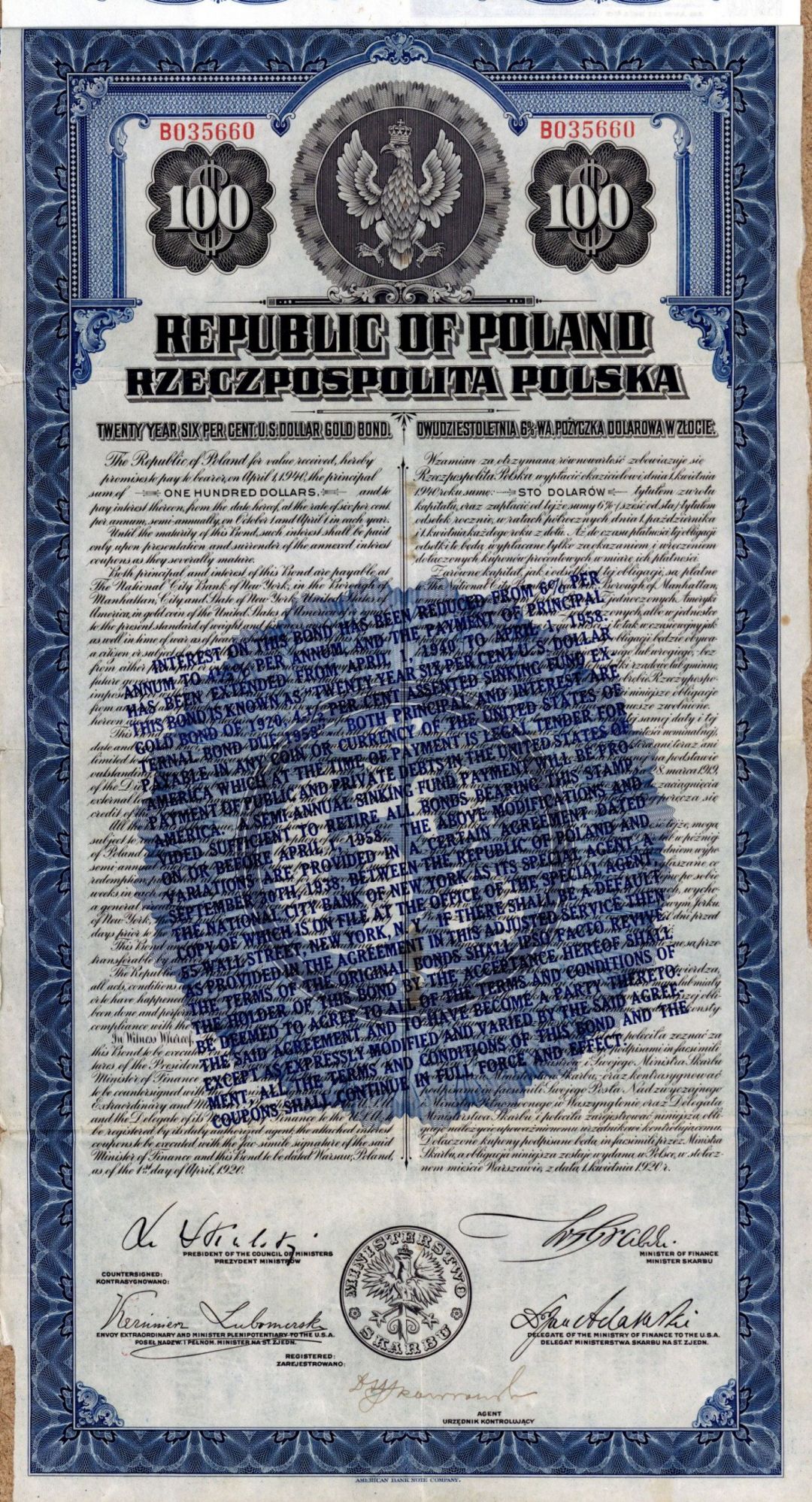 Republic of Poland - $100 or $50 Uncancelled Bond