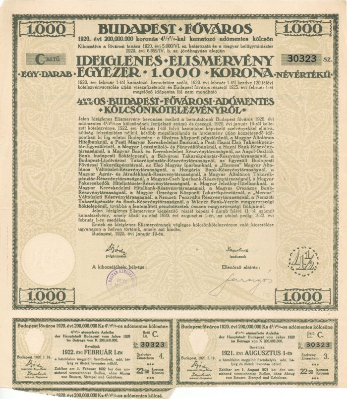 Budapest Fovaros - 1,000 or 200 Korona Bond