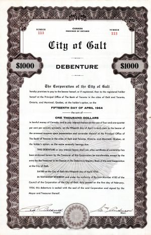 City of Galt - 1954 dated $1,000 Canadian Municipal Bond