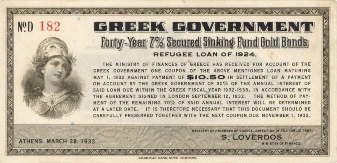 Greek Government - 1933 $10.50 Gold Bond