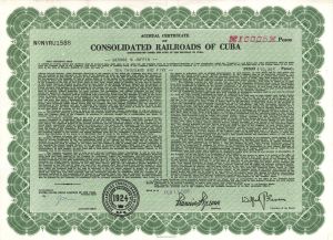 Consolidated Railroads of Cuba - 1959 10,005 Pesos Bond