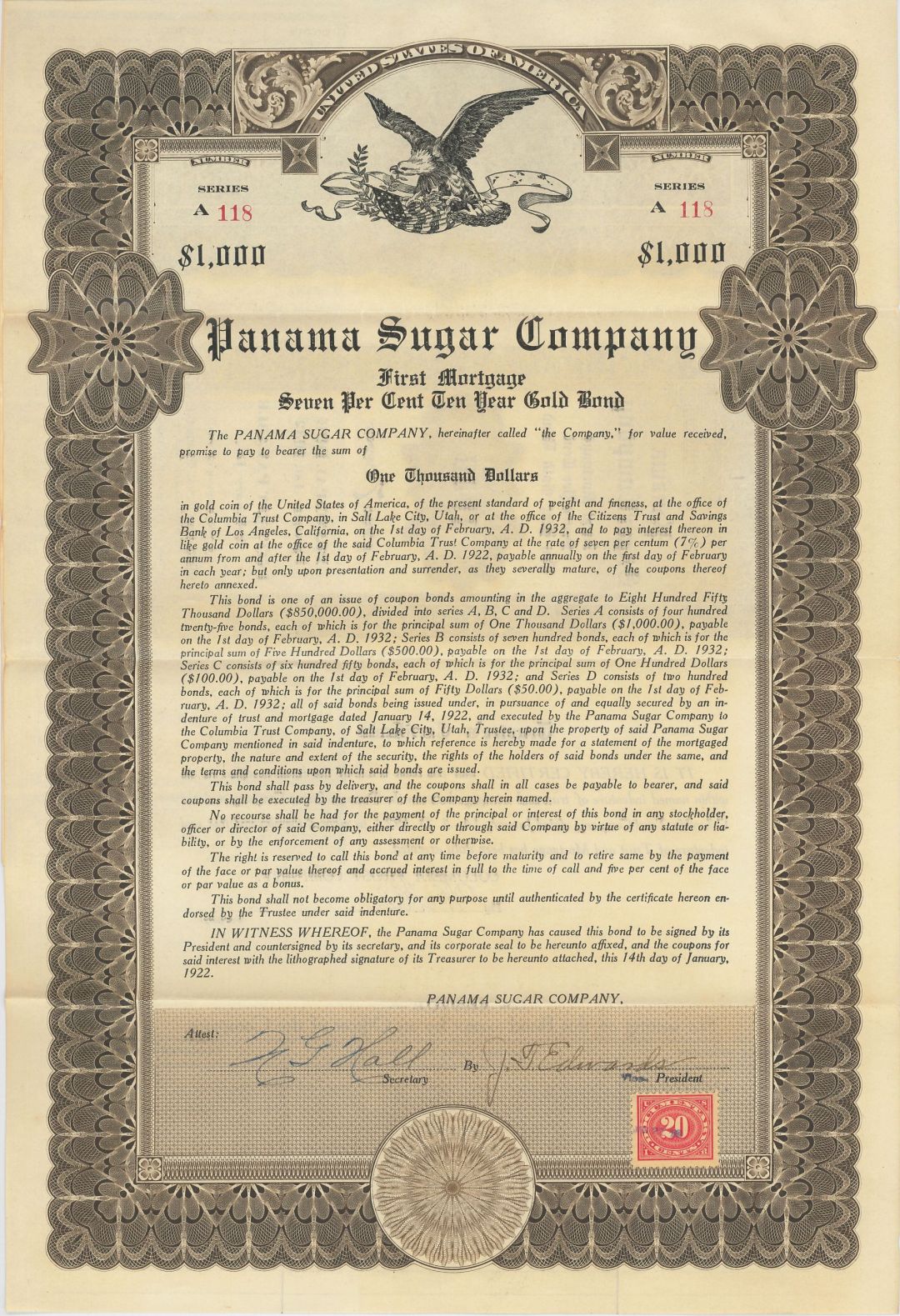 Panama Sugar Co. - 1922 dated $1,000 Sugar Refining Panamanian Bond