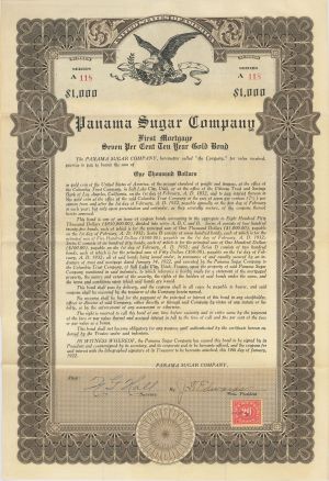 Panama Sugar Co. - 1922 dated $1,000 Sugar Refining Panamanian Bond