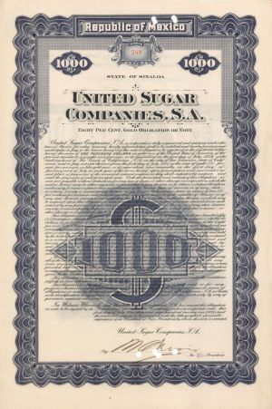 United Sugar Companies, S.A. - 1924 dated $1,000 Bond