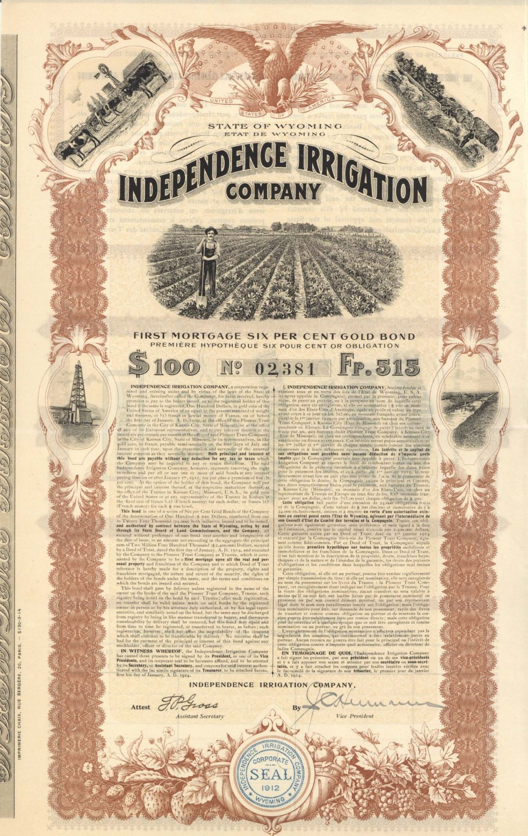 Independence Irrigation Co. - 1914 dated $100 Bond