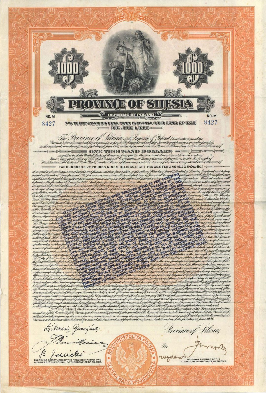 Province of Silesia - 1928 dated $1,000 Bond