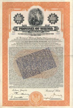 Province of Silesia - 1928 dated $1,000 Bond