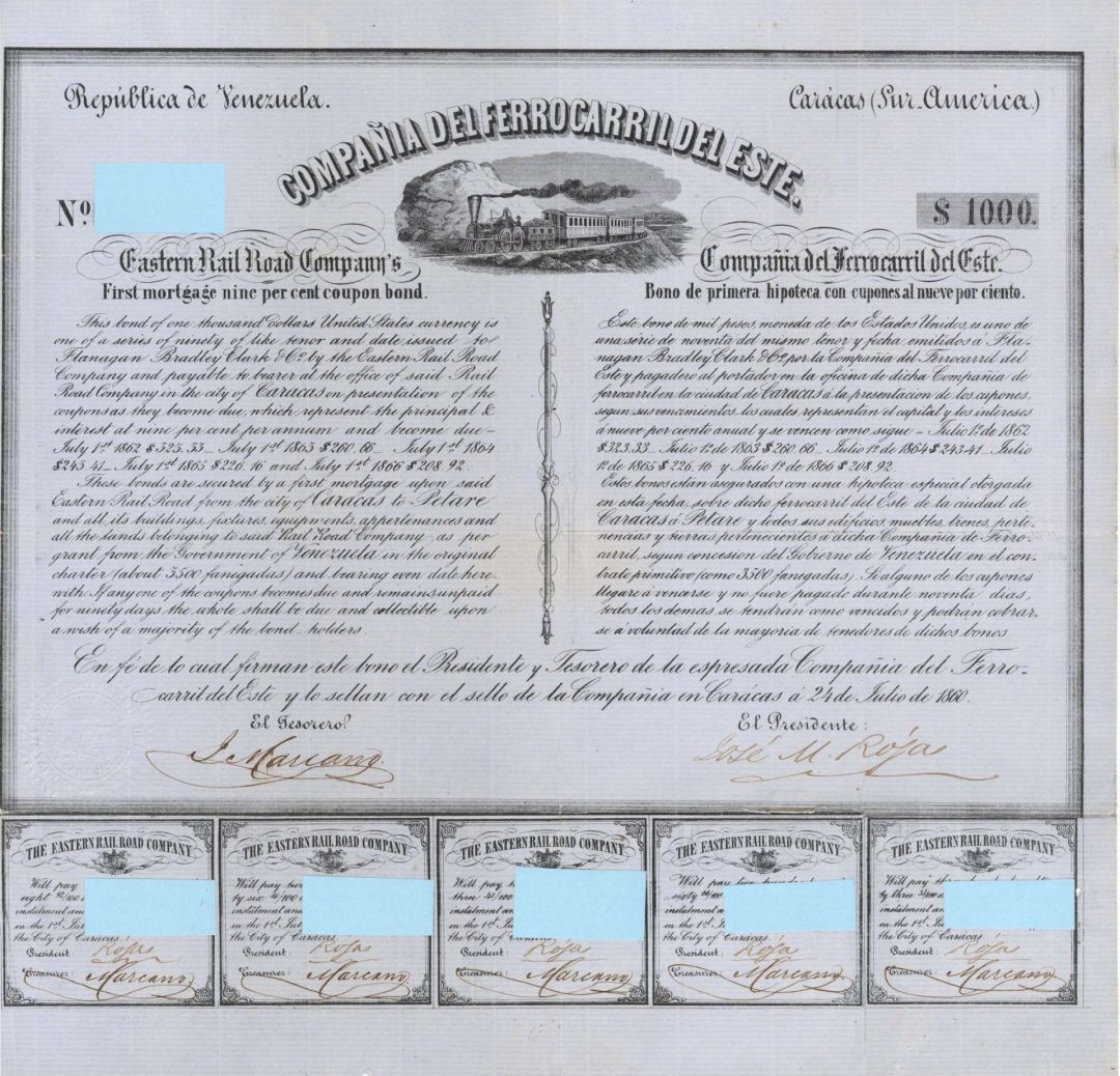 Compania Del Ferrocarril Del Este.- $1,000 Bond dated 1860