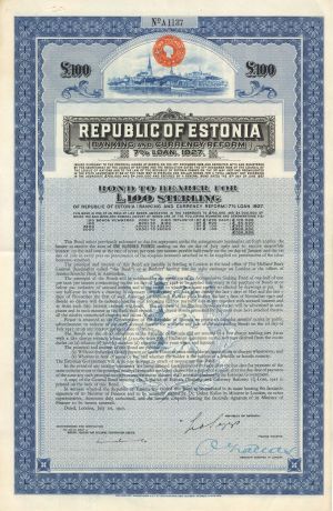 Republic of Estonia - 1927 dated £100 Uncanceled Bond