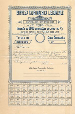 Empreza Tauromachica Lisbonense - 1893 dated Foreign Bonds