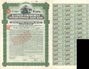 Austrian Government International Loan 1930 - £100 Bond