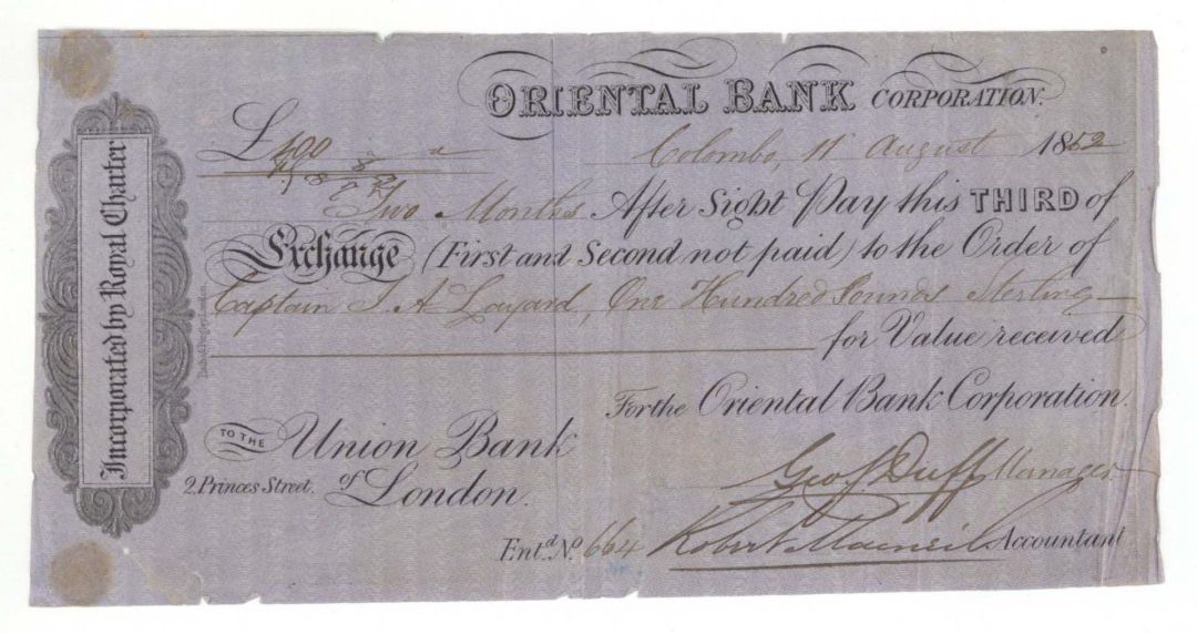 Oriental Bank Corp. -  1852 dated Check