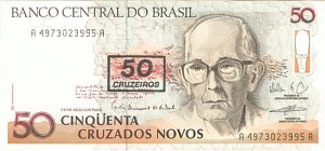 Brazil - 50 Cruzeiros on 50 Cruzados - P-223 - 1990 dated Foreign Paper Money