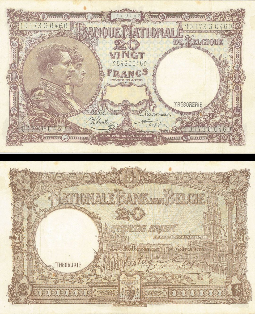 Belgium - 20 Francs - P-111 - 1940-1947 dated Foreign Paper Money