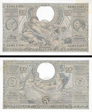 Belgium - 100 Francs - P-107 - 1943 dated Foreign Paper Money