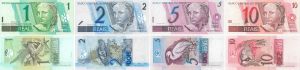 Brazil - 1, 2, 5, 10 Brazilian Reais - P-243A,249,244A,245A - dated 1997-2001 Foreign Paper Money