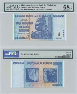 PMG 68 Graded AA Zimbabwe 100 Trillion Dollar Blue Note - 2008 dated Uncirculated Authentic Paper Money - 100,000,000,000,000 Zimbabwe Dollar Note