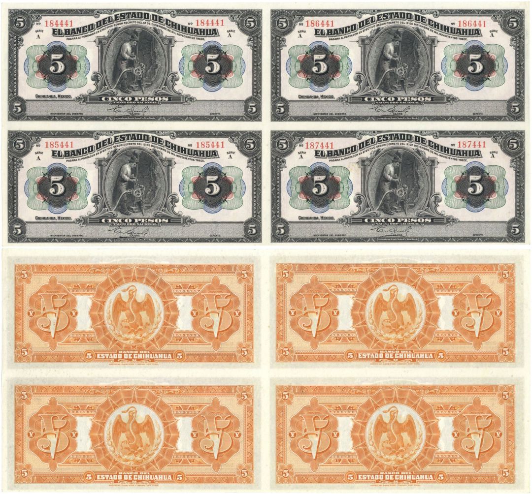 Sheet of 4 Notes - Mexico - El Banco Del Estado De Chihuahua - Foreign Paper Money