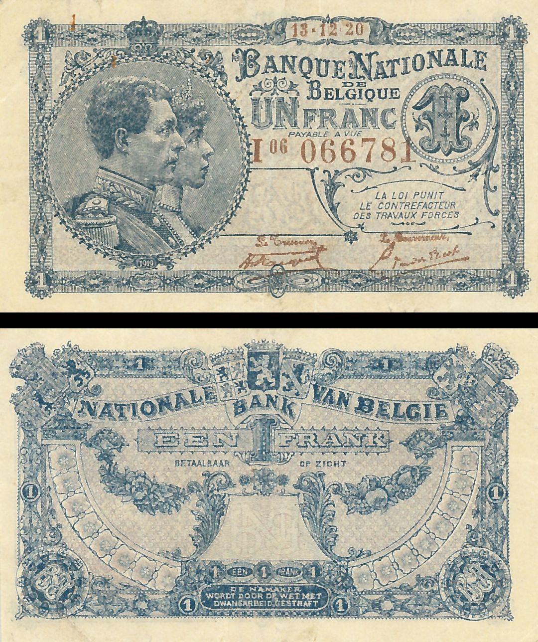 Belgium - 1 Franc - P-92 - 1920 dated Foreign Paper Money