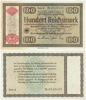 Germany 100 German Reichsmark - P-212 Overprint on P-204 - August 28, 1933 dated Foreign Paper Money