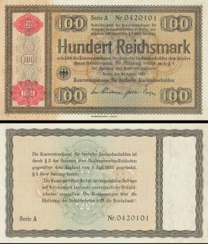 Germany 100 German Reichsmark - P-212 Overprint on P-204 - August 28, 1933 dated Foreign Paper Money