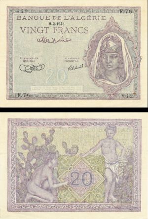 Algeria - 20 Francs - P-92 - 1943 dated Foreign Paper Money