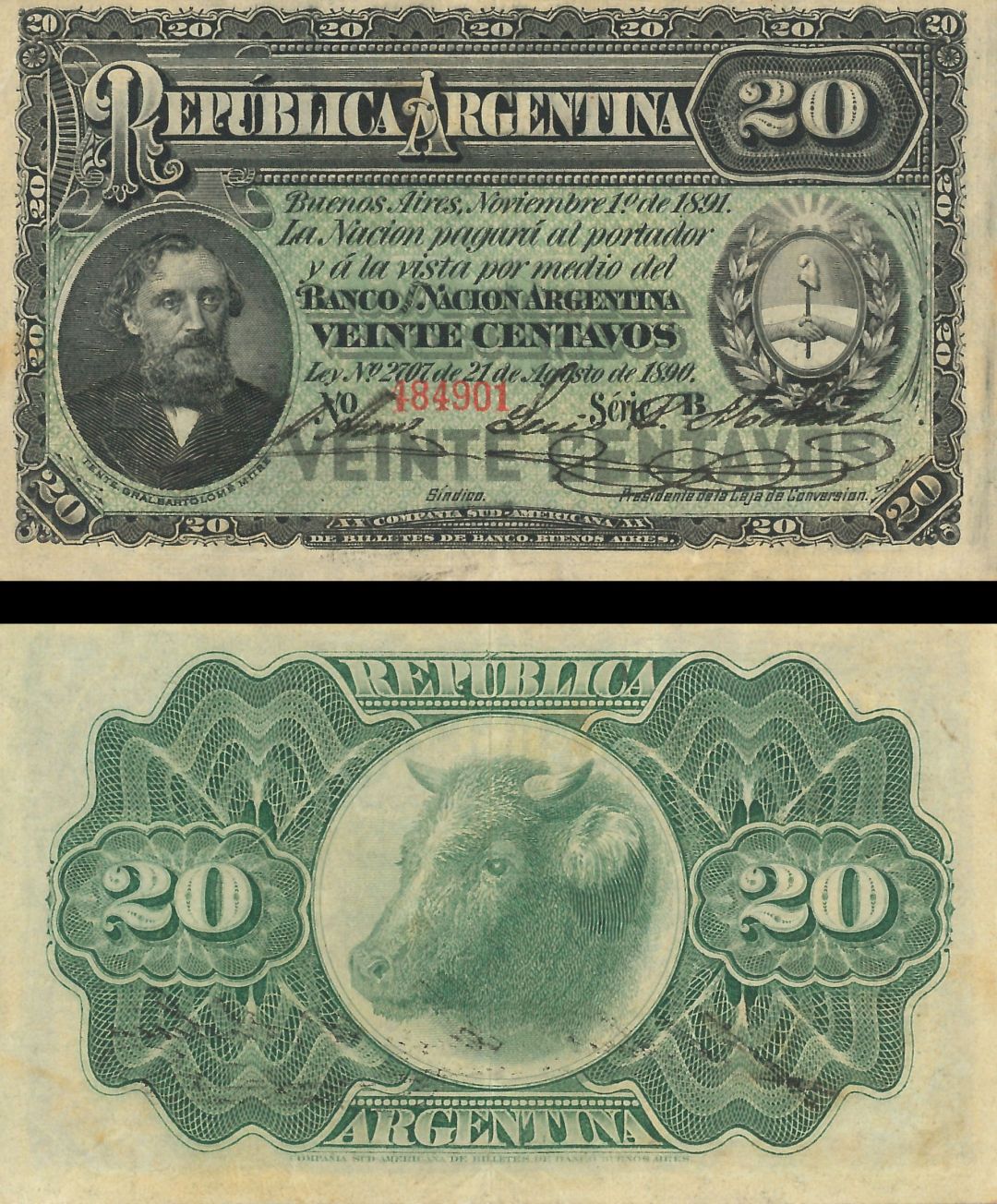 Argentina - 20 Centavos - P-211b - 1890 dated Foreign Paper Money