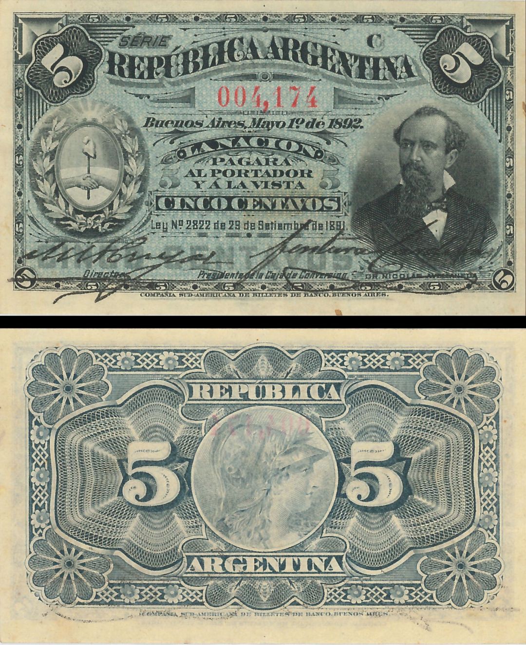 Argentina - 5 Centavos - P-213 - 1891 dated Foreign Paper Money