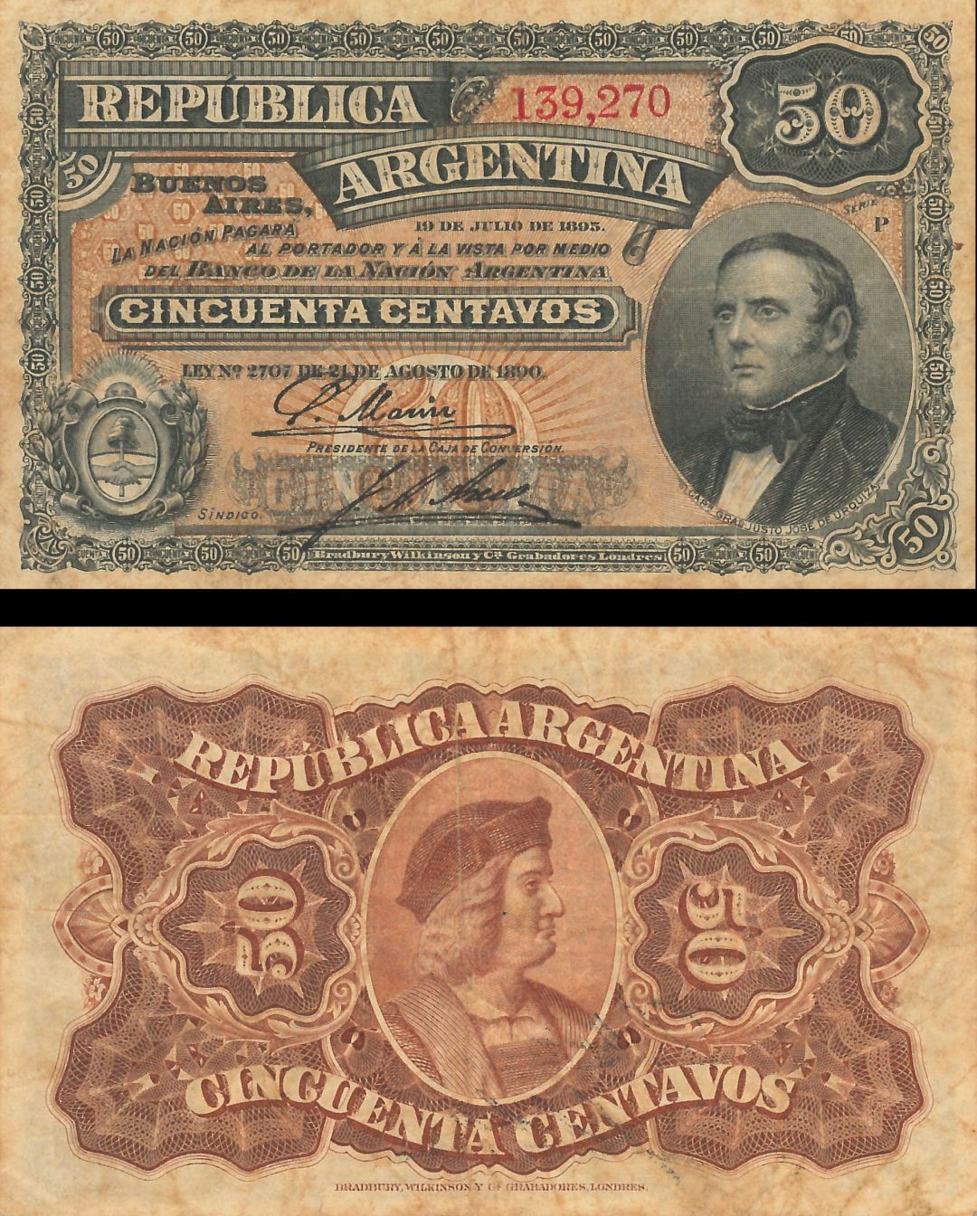 Argentina - 50 Centavos - P-230 -  1895 dated Foreign Paper Money