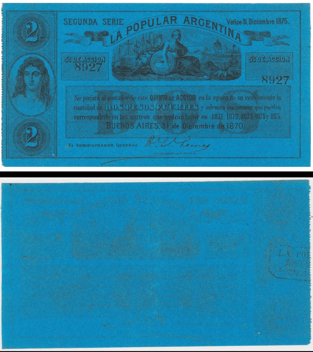 Argentina -2 Pesos - Stock-2nd Series - 1870 dated Foreign Paper Money