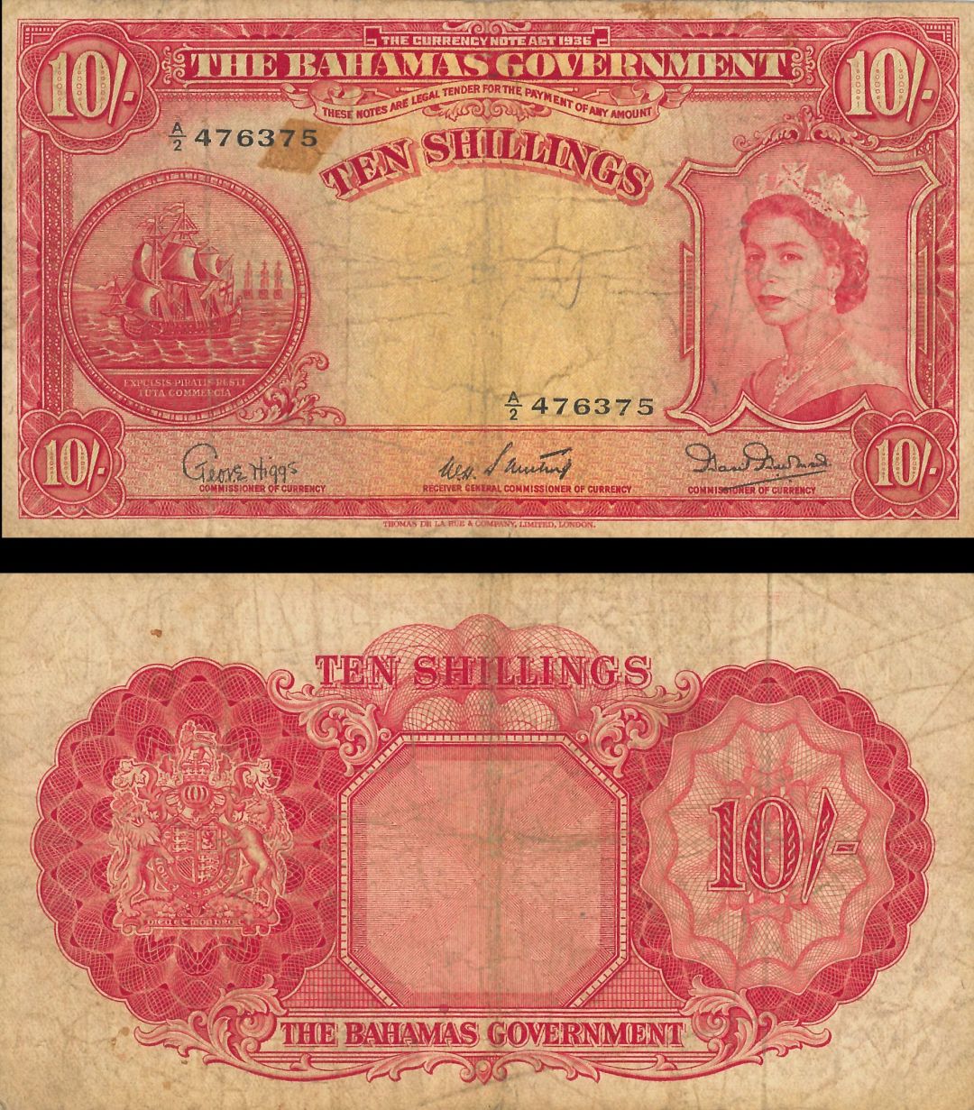 Bahamas - 10 Shillings - P-14b - 1953 dated Foreign Paper Money