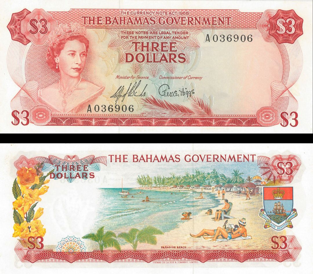 Bahamas - 3 Dollars - P-19a - 1965 dated Foreign Paper Money