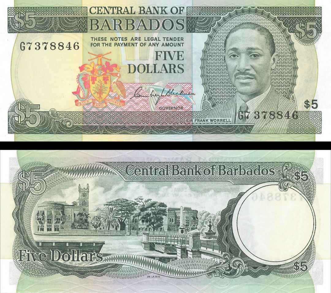 Barbados - 5 Dollars - P-32a - 1975 dated Foreign Paper Money