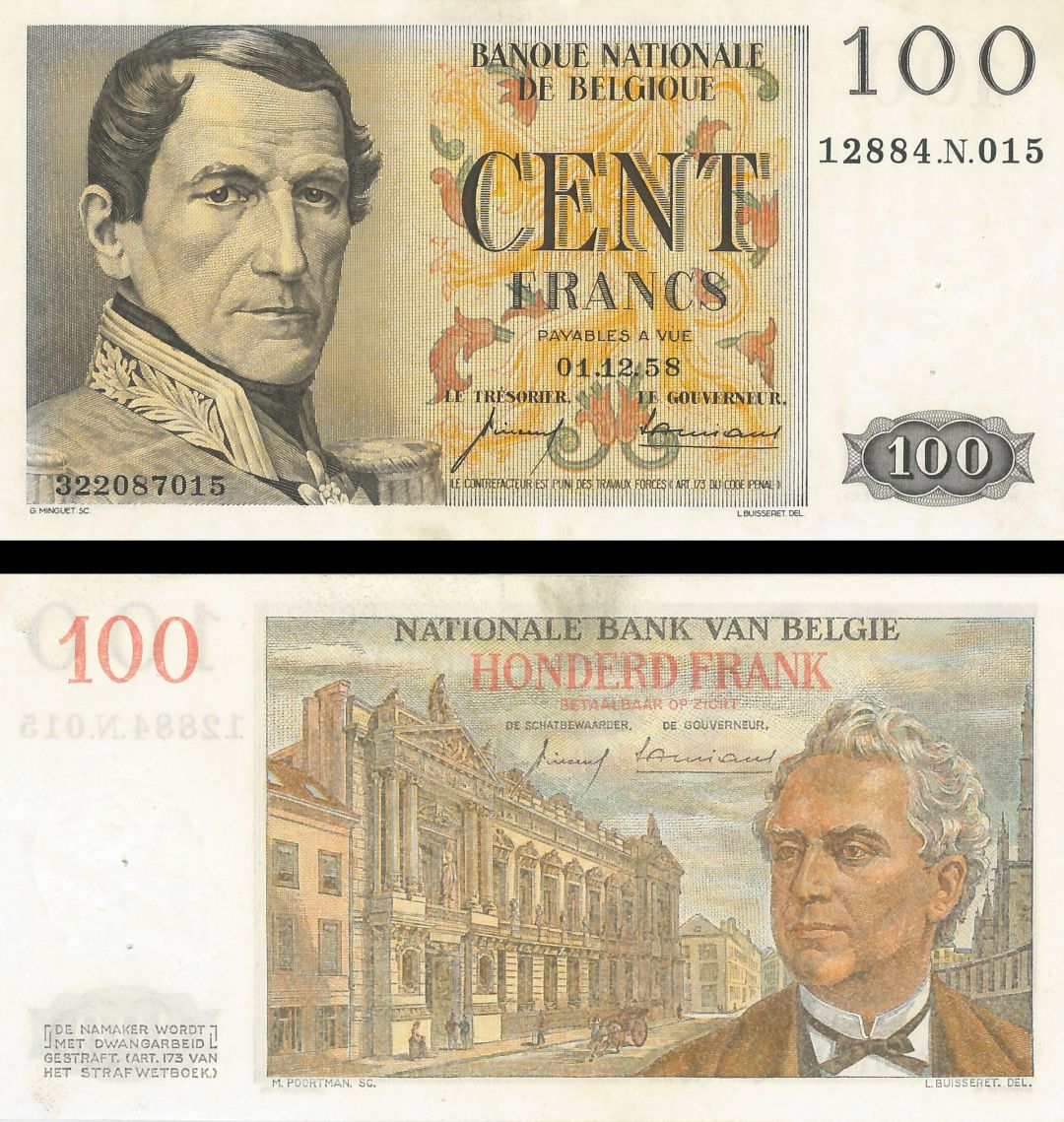 Belgium -100 Francs - P-129c - 1958 dated Foreign Paper Money