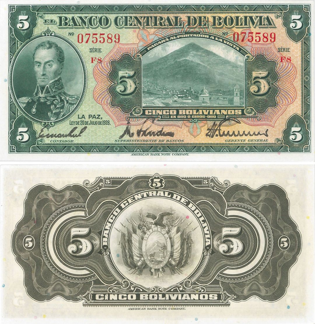 Bolivia - 5 - Bolivianos - P-120a - 1928 dated Foreign Paper Money