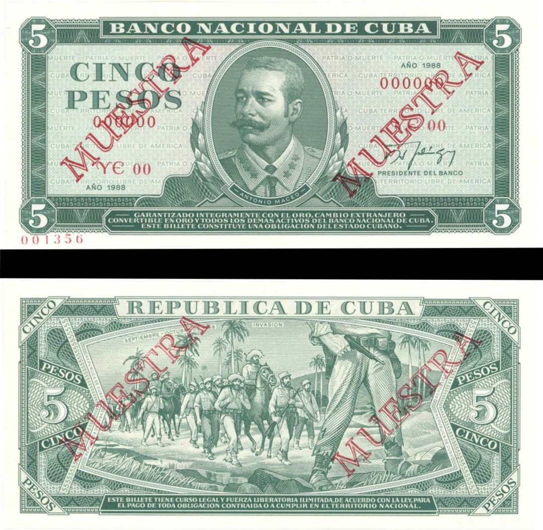 Cuba - 5 Cuban Pesos - P-103S - Specimen Foreign Paper Money