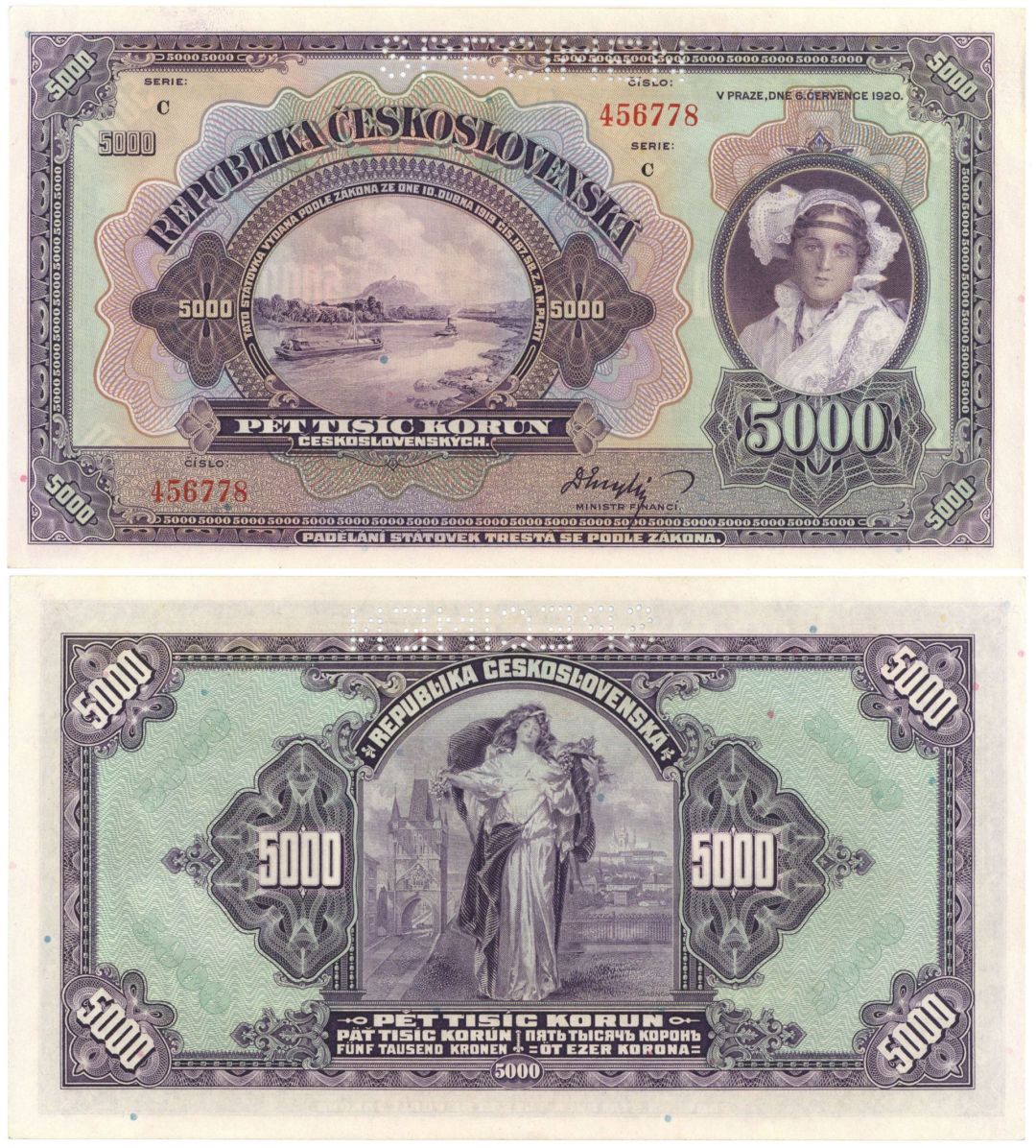 Czechoslovakia - 5,000 Korun SPECIMEN - P-19s - 1920 dated Foreign Paper Money