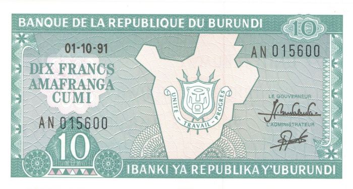 Burundi - 10 Francs - P-33b - 1991 dated Foreign Paper Money