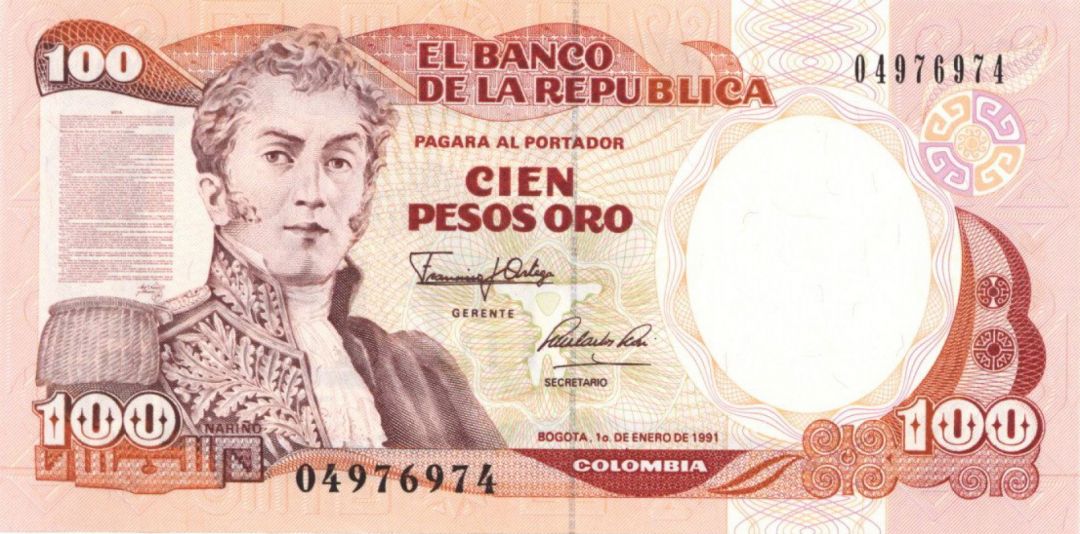 Colombia - 100 Pesos Oro - P-426e - 1991 dated Foreign Paper Money