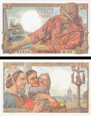 France - 20 Francs - P-100a - 1942-43 dated Foreign Paper Money